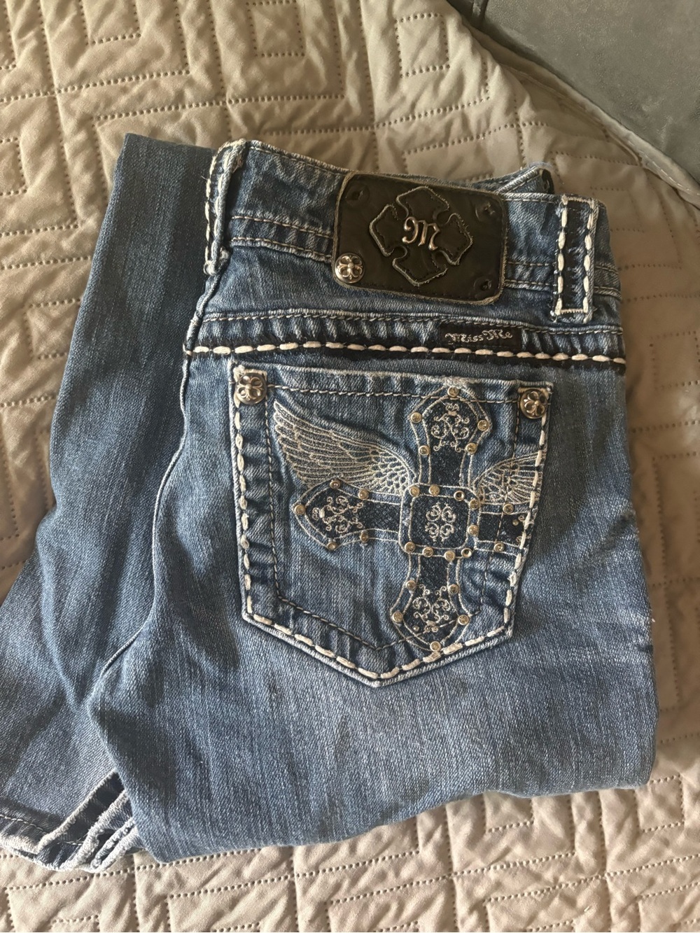 Miss Me Blue Embroidered Wing & Cross Boot Cut Jeans